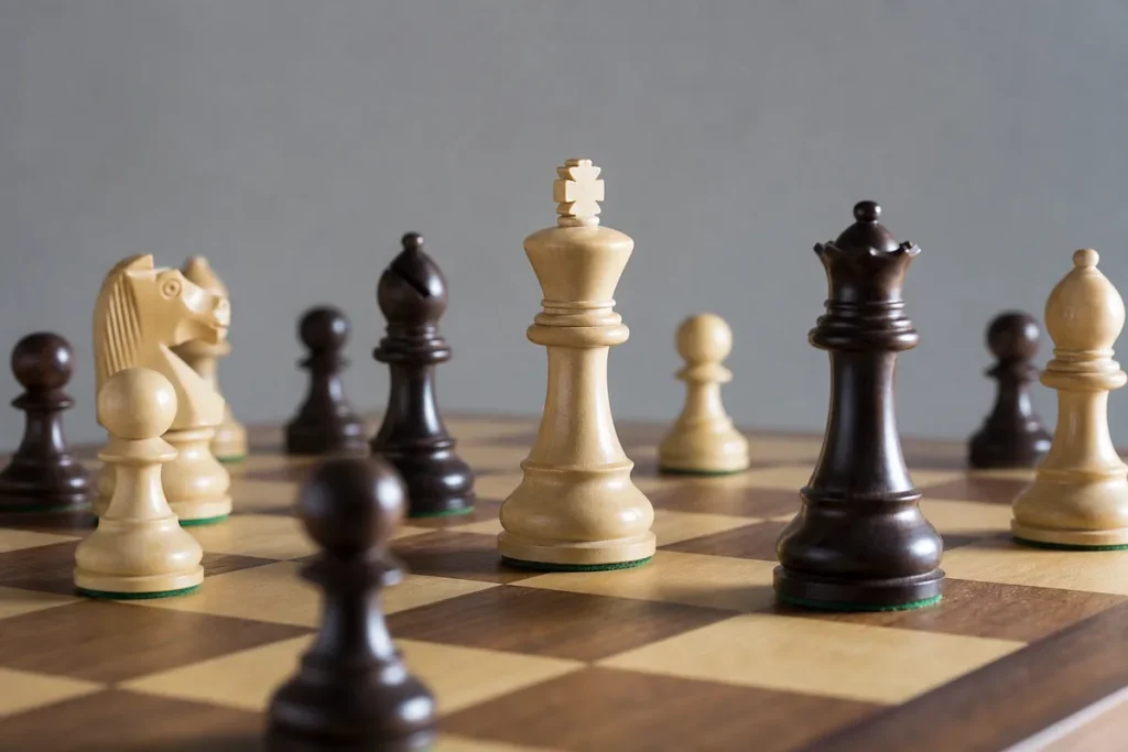 Schachfiguren auf einem Brett, König im Schach